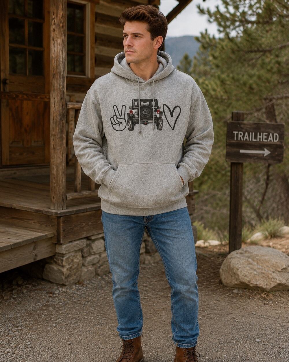 Gildan Jeep Graphic Hoodie Mens M Gray Peace Love‎ 4x4 Off Road Pullover